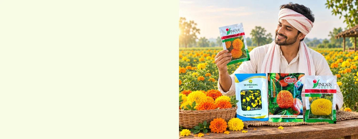 A man in a white kurta and head wrap stands in a field of marigolds holding and displaying packets of Sainji Marigold Seeds, with two seed packets and a basket of marigold flowers in the foreground.