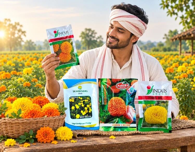 A man in a white shirt and head wrap stands in a field of marigold flowers, holding up a packet of Indus Marigold Seeds while three more seed packets sit on a table in front of him.