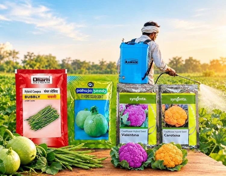 A farmer wearing a blue backpack sprayer waters a vegetable field while standing beside several seed bags and fresh produce. Visible products include Diarti Bubblly hybrid couscous, Pahuja Seeds, and Syngenta salad seeds for Valentina and Carotena, with green beans, limes, and purple and orange cauliflower in the foreground.
