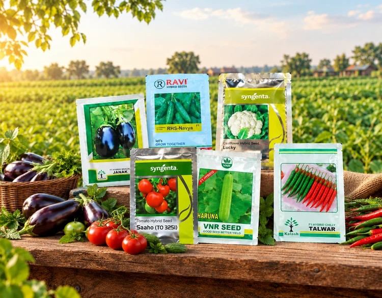 Six seed packets from Ravi Seeds and Syngenta are arranged on a rustic wooden table outdoors, surrounded by fresh vegetables like eggplants, tomatoes, cauliflower, and chili peppers, with a lush green field in the background.